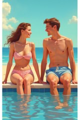 happy couple by pool