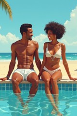 happy couple by pool